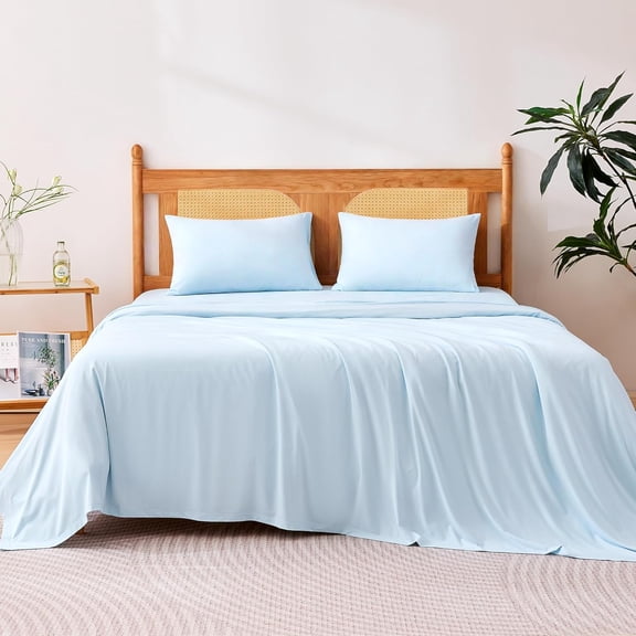 Cooling Sheets, 4 Piece 100% Recycled Polyester Bed Sheet Set for Hot Sleepers, Breathable, 15-Inch Deep Pocket, Queen, Blue