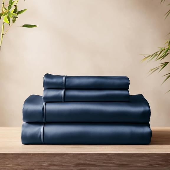 Cooling Sheets  - 4 count Viscose Derived from  Sheet Set,  Wicking, Silky Soft, 16 Inch Deep Pocket, Envelope Pillowcases, Oeko-TEX, Navy Blue