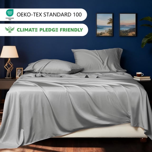Cooling Sheets Queen Rayon Derived from Bamboo, Silk Soft & Breathable, Luxury Sheet Set, Extra Deep Pocket Queen Sheets Fits 18"24" Thick Mattress - Light Grey