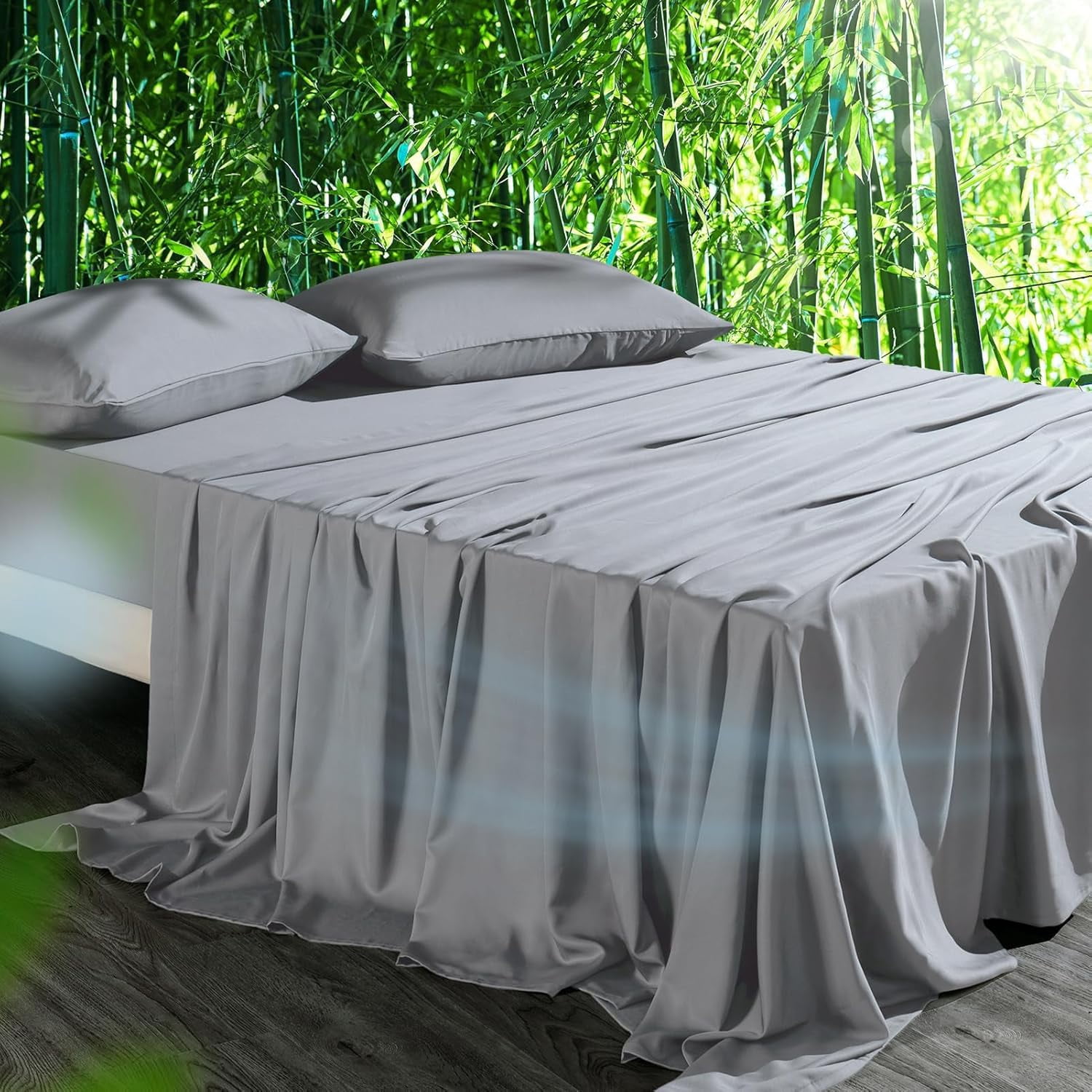 Cooling Sheets Set Queen Size, Viscose Derived from Bamboo for Hot Sleepers | Deep Pocket Up to 16 Inch | Silky Soft & Breathable Bedding - 4PC (Queen, Light Grey)