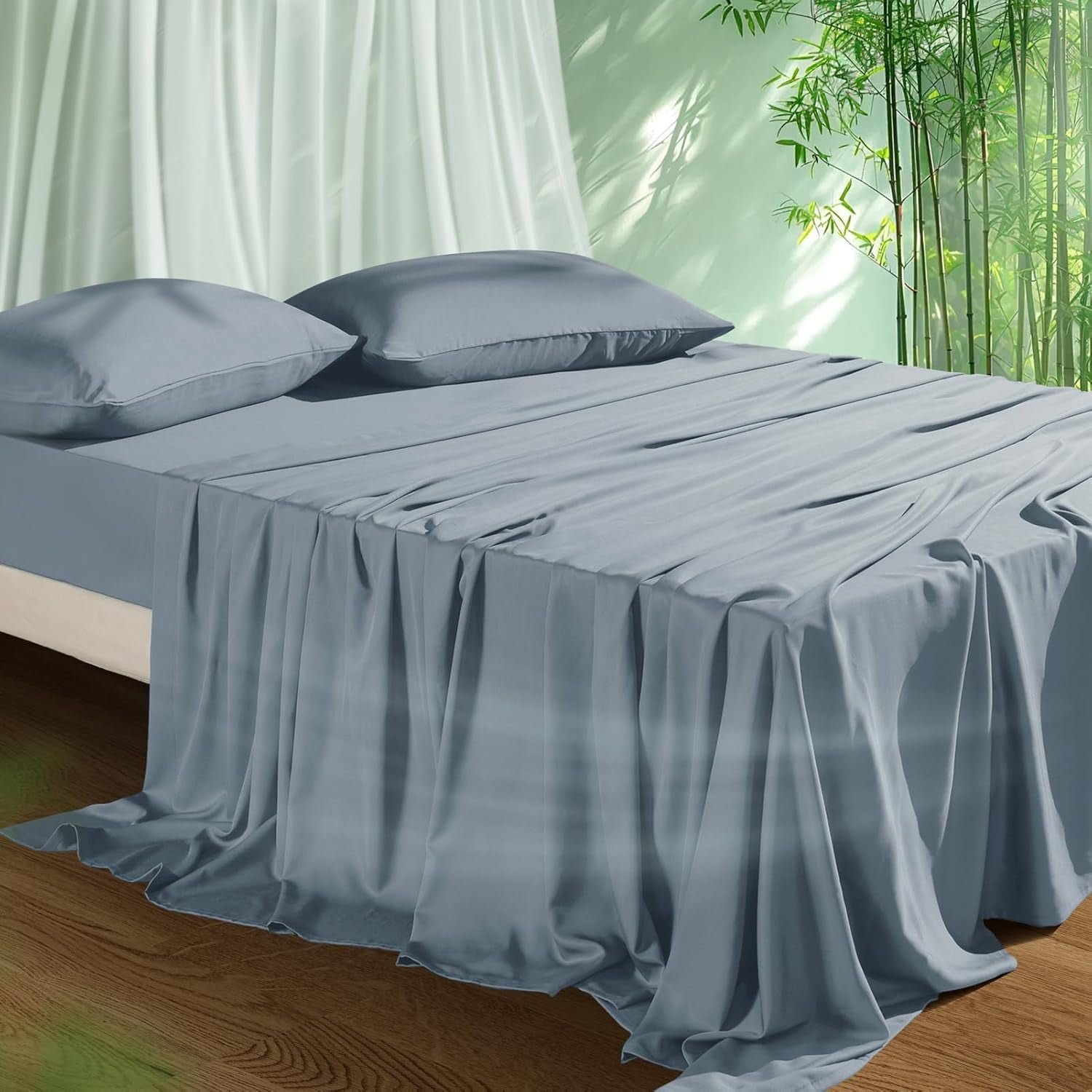 Cooling Sheets Set Queen Size, Viscose Derived from Bamboo for Hot Sleepers | Deep Pocket Up to 16 Inch | Silky Soft & Breathable Bedding - 4PC (Queen, Mineral Blue)