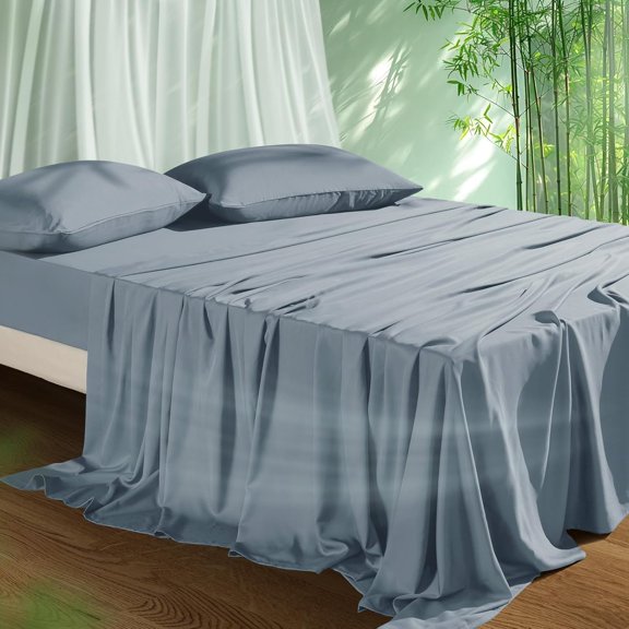 Cooling Sheets Set Queen Size, Viscose Derived from Bamboo for Hot Sleepers | Deep Pocket Up to 16 Inch | Silky Soft & Breathable Bedding - 4PC (Queen, Mineral Blue)