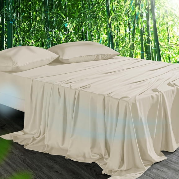 Cooling Sheets Set Queen Size, Viscose Derived from Bamboo for Hot Sleepers | Deep Pocket Up to 16 Inch | Silky Soft & Breathable Bedding - 4PC (Queen, Sand)