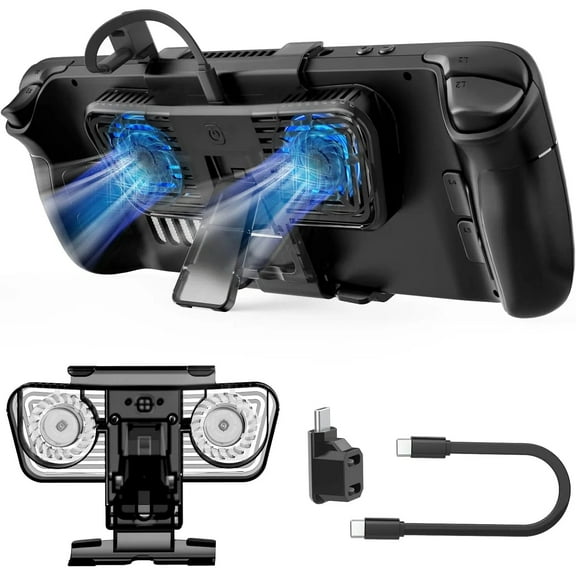 Cooling Stand Accessories with LED for Steam Deck & N-Switch/OLED, Dual Fans at 3 Speed Settings, Kickstand Included-Black