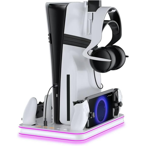 Cooling Stand and Charging Station with Dual Controller Dock for PS5 Pro, Magnetic PS Portal Charger, Compatible with PS5/Slim/Pro & Digital Editions, RGB Lighting & Space-Saving Design  White
