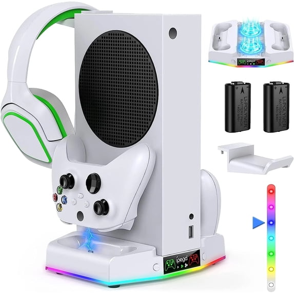 Cooling Stand & Charging Station for Xbox Series S with RGB Light Strip,Dual Charger of Controllers and Cooler Fan for XSS Console Accessories with 2*1400mAH Rechargeable Battery Pack,1*Headphone Hoo