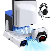 Cooling Stand Compatible with PS5 Slim/PS5 with Dual Controller Charging Station, Accessories Include Cooling Fan, Headset Holder, 11 Game Slots-White