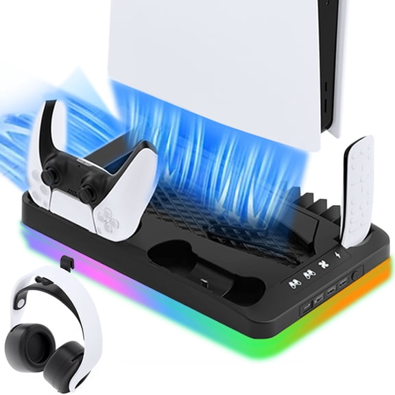 Cooling Stand for Playstation 5 Console Disc/Digital Edition, Cooling Station w/Controller Charger, 16 Games&Media Remote Holders, RGB Led Lights,Vertical Gaming Base for PS5 Accessories Black