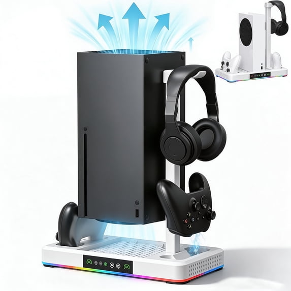Cooling Stand for Xbox Series X/S Console with Controller Charging Dock and Headset Holder, Xbox Series Accessories, Cooler Station System,White