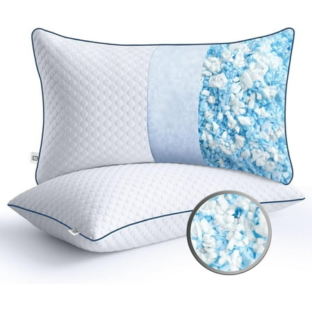 Cooling Standard Pillows Set of 2, Shredded Memory Foam Pillows Standard Size, Adjustable Firm Bed Pillows for Side Back Stomach Sleepers, Standard Pillow for Sleeping with Zip Washable Cover, 2 Pack