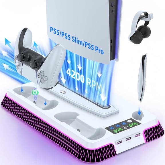Cooling Station and Console Stand for PS5/Pro/Slim, Dual Controller Charging Station with Ambient RGB Lighting for PlayStation 5, PS5 Stand Controller Charger for Disc & Digital with Cooling Fan