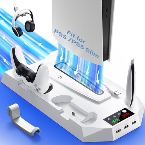 Cooling Station for PS5 & PS5 Slim Console Disc/Digital Edition,Stand Compatible with PlayStation 5,Charging Station with Dual Controller Charger,3 Levels Cooling Fan,3 USB Hubs & Headset Holder