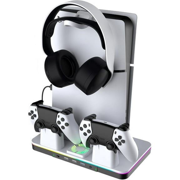 Cooling Station for PS5/PS5 Slim Console (Disc& Digital),PS5 Slim Stand with Fast Controller Charging Station,Controller Charger,3 Speeds Cooling Fan,Headset Holder,RGB Lights&3 USB Ports
