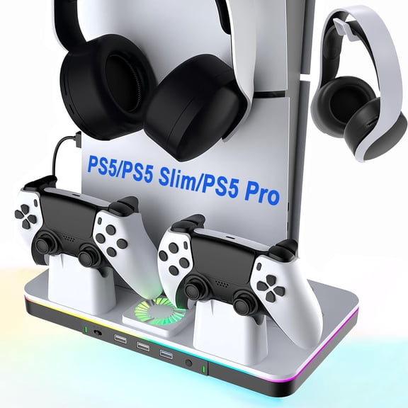 Cooling Station for PS5/PS5 Slim/PS5 Pro Console (Disc& Digital),PS5 Slim Stand with Fast Controller Charging Station,Controller Charger,3 Speeds Cooling Fan,Headset Holder,RGB Lights&3 USB Ports