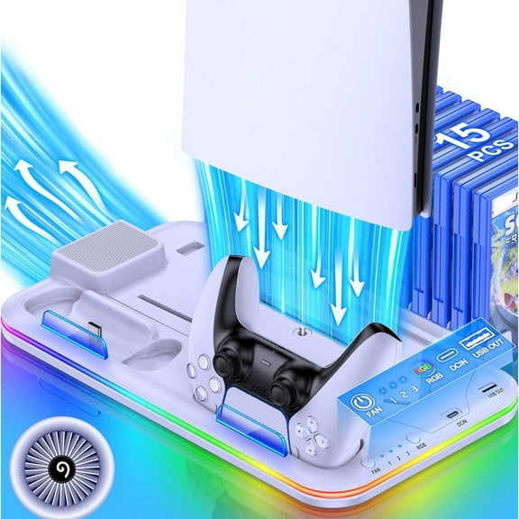 Cooling Station for PS5/Pro/Slim Digital & Disc with Controller Charging Base 3 Levels Fan, RGB Light, 15 Game Storage, Headset Holder Accessories-White
