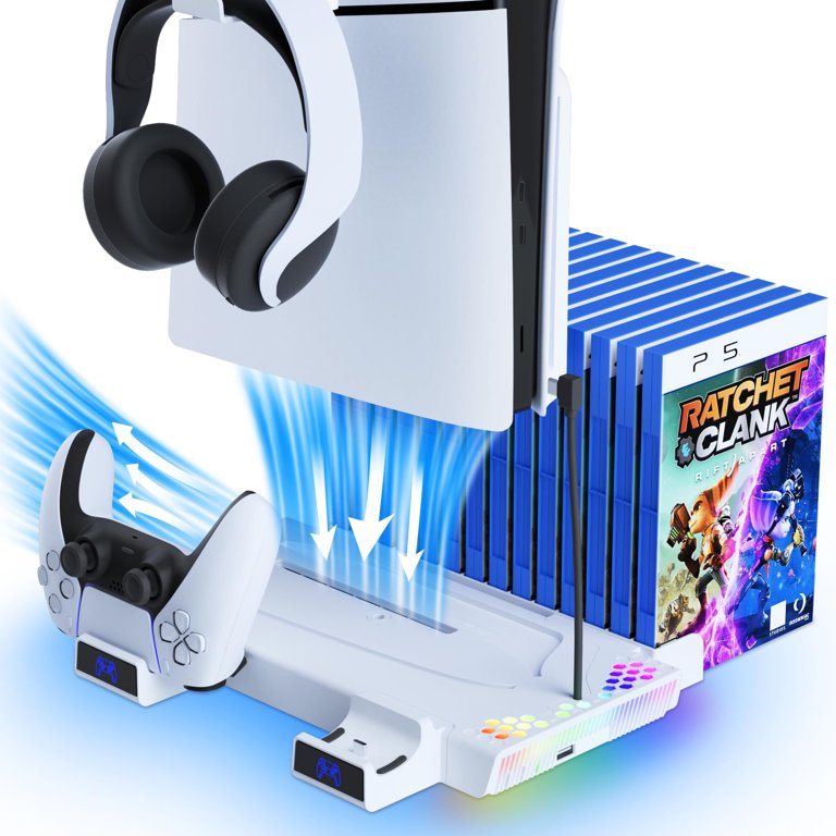 PS5 Slim Stand With Cooling Fan & Charging Station - RGB LED Controller Dock White