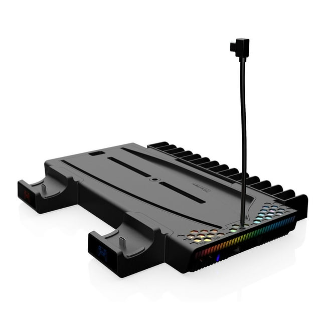 Cooling Station for PS5 Slim with Dual Controller Charging, RGB PS5 Stand Vertical for PlayStation 5 / Slim Console Digital Disc Edition, PS5 Accessories Base with Headset Holder 14 Game Slots-Black