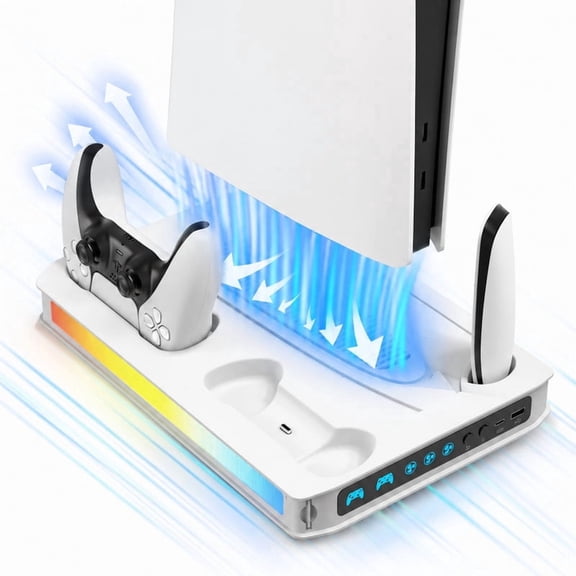 Cooling Station for PS5/Slim/Pro Console, Contoller Charger for Disc & Digital Console Stand with RGB Lights (White)