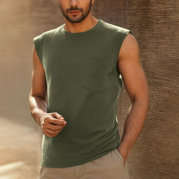Cooling Tank Tops for Men with Pocket Casual Sleeveless Crewneck T Shirts Mens Basic Solid Pullover Going-Out Loungewear Undershirts Tees