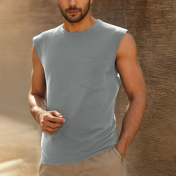 Cooling Tank Tops for Men with Pocket Casual Sleeveless Crewneck T Shirts Mens Basic Solid Pullover Going-Out Loungewear Undershirts Tees