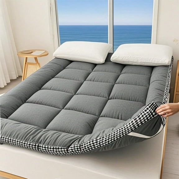 Cooling Thicked Mattress Topper, Summer Checked Futon Floor Mattress - Premium Fiber Filling Folding Roll Up Mattress Sleeping Pad, 6-8cm Thickness Quilted Mattress Topper For Sleeping