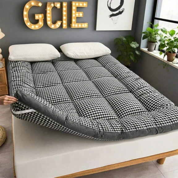 Cooling Thicked Mattress Topper, Summer Checked Futon Floor Mattress - Premium Fiber Filling Folding Roll Up Mattress Sleeping Pad, 6-8cm Thickness Quilted Mattress Topper For Sleeping