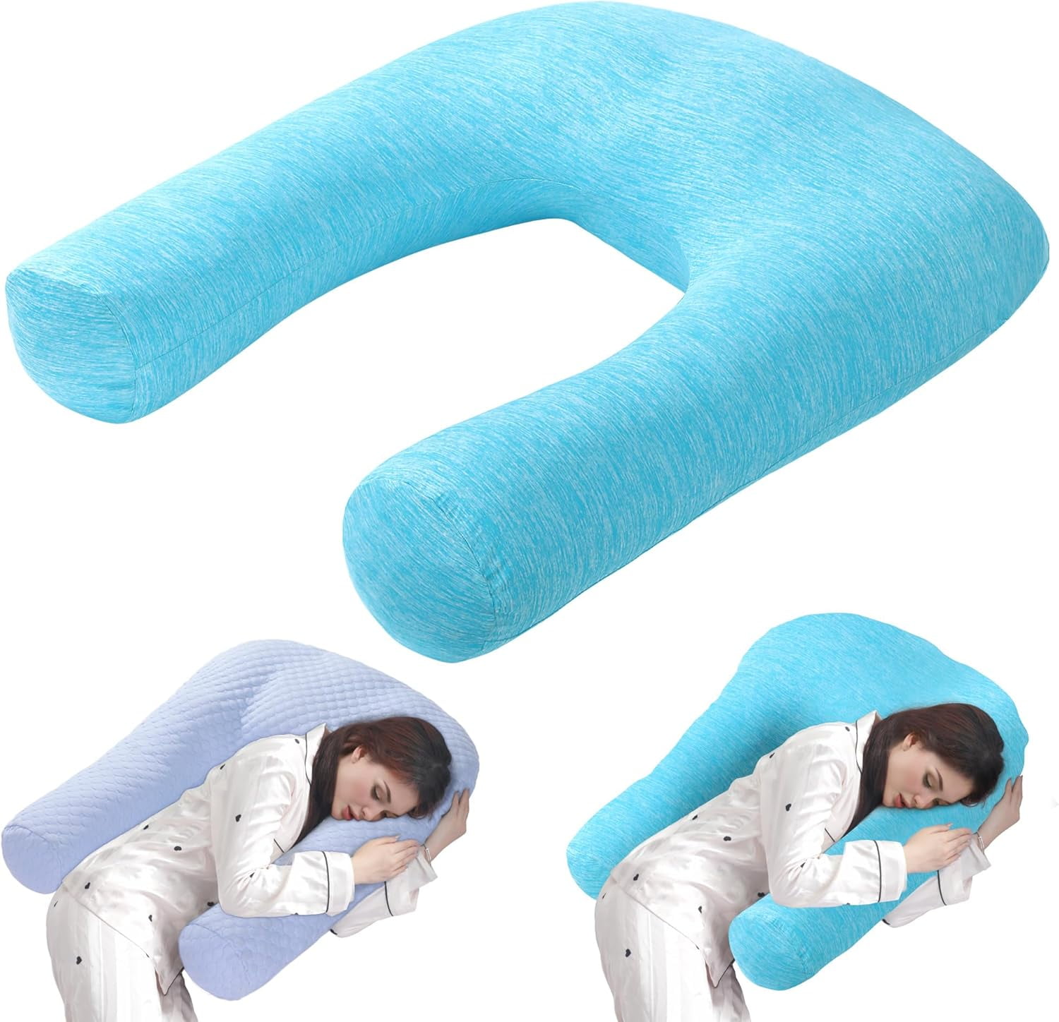 Cooling U Shaped Pillow for Neck, Contour Shoulder Pillow for Side Sleepers, Ergonomic Body Pillows for Adults, Hug Pillow with Washable Cover for Back, Shoulder Pressure Reduce (Light Blue)