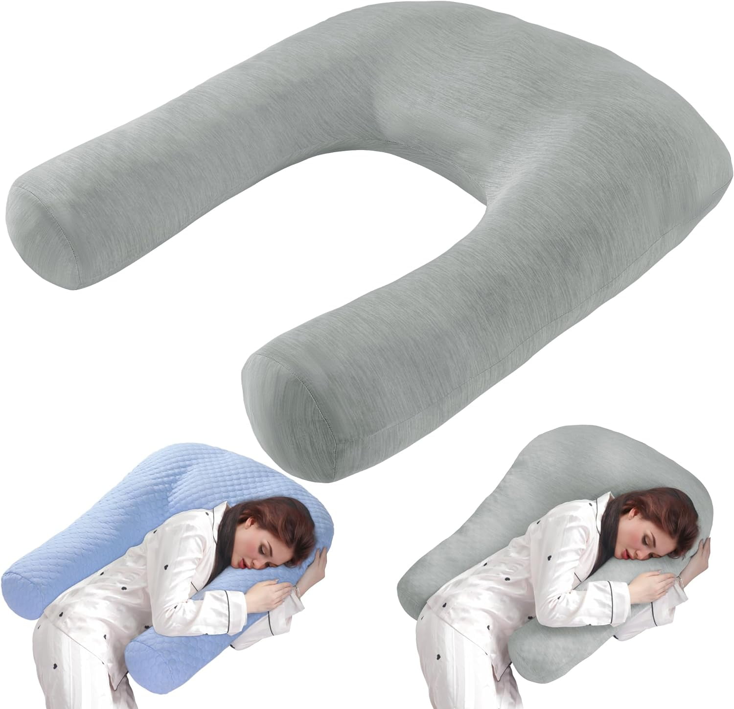 Cooling U Shaped Pillow for Neck, Contour Shoulder Pillow for Side Sleepers, Ergonomic Body Pillows for Adults, Hug Pillow with Washable Cover for Back, Shoulder Pressure Reduce (Light Grey)