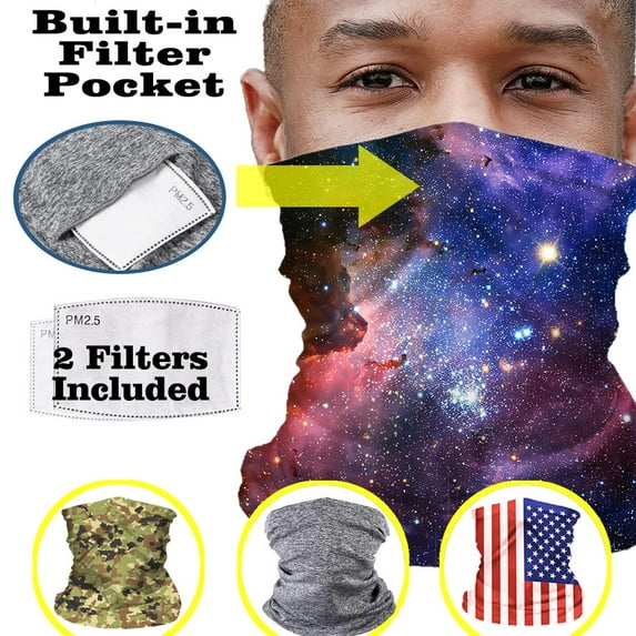 Cooling Washable Face Mask with Pocket, Reusable Face Cover Gaiter Neck Tube, Unisex Full Tube Bandanas Multifunctional Headwear Balaclava, Galaxy, 2 Filters included