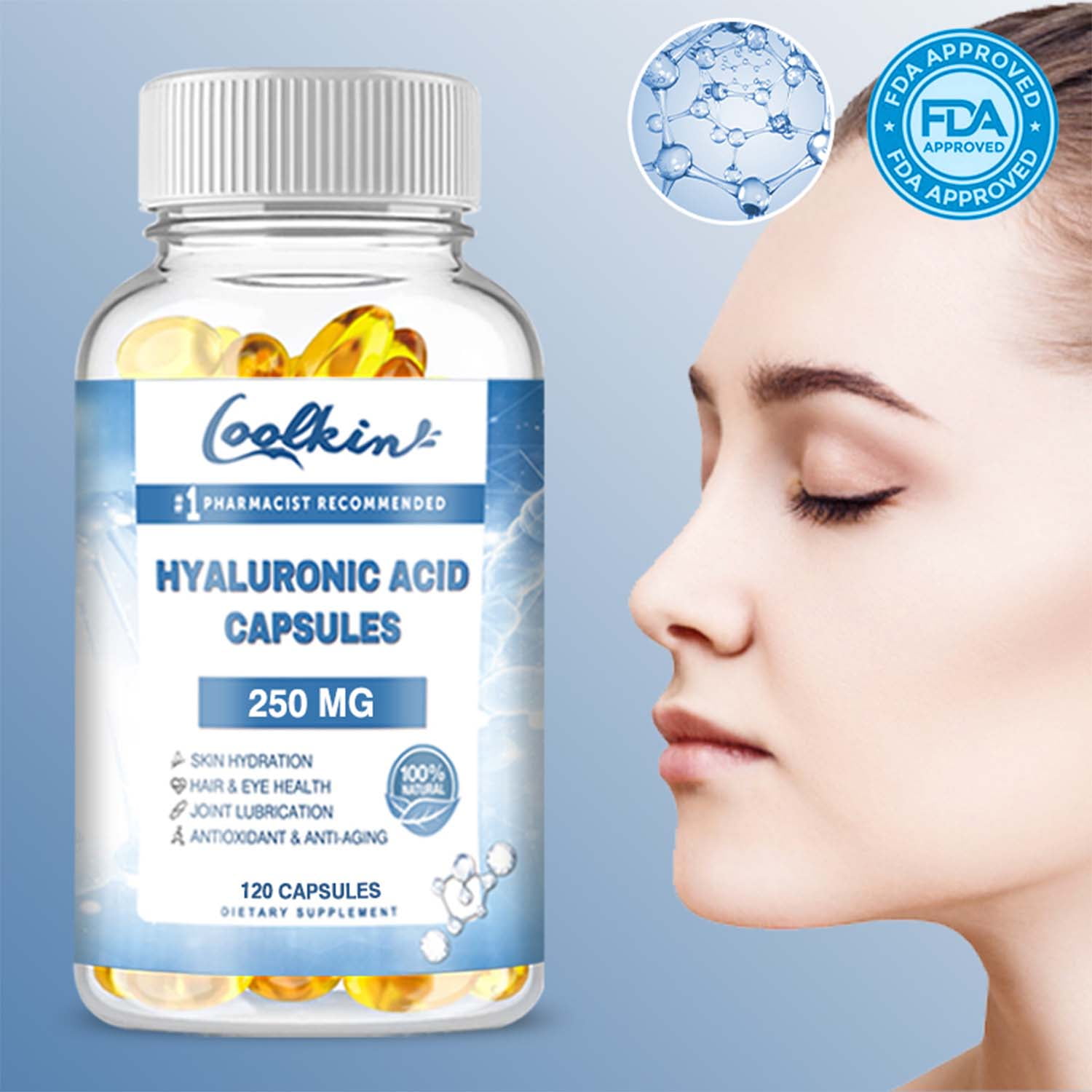 Coolkin Hyaluronic Acid Capsules 250mg - with Biotin - for Skin, Nail ...