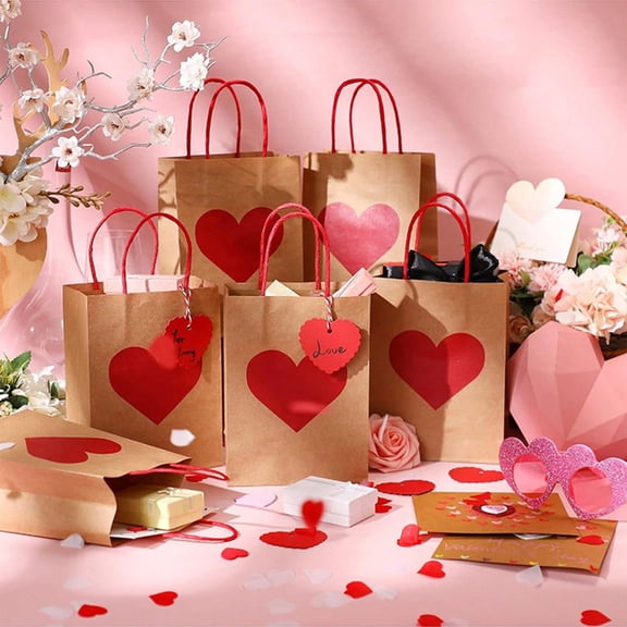 Coollooc 10-Pack Valentine Kraft Heart Handle Gift Bags Brown Paper Gift Bags With Love Cards For Presents And Party Favors