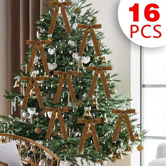 Coollooc 16Pcs Velvet Bows Christmas Tree Ornaments, Vintage Velvet Ribbon Bows for Tree Garland Wreath Indoor Xmas Decorations(Coffee,16Pcs)