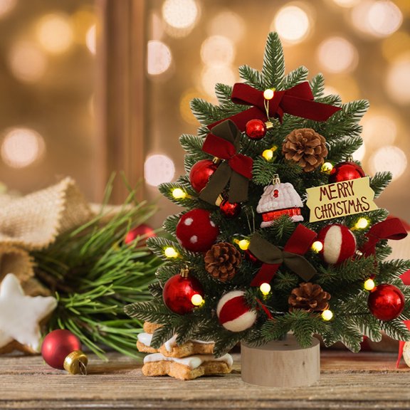 Coollooc 17.7 Inch Mini Christmas Tree Artificial Snow Flocked Tabletop Christmas Tree with Burlap Base Red Berry Pincone Xmas Pine Tree for Xmas Party Home Decoration