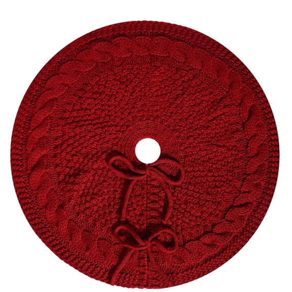 Coollooc 18" Mini Knitted Christmas Tree Skirt Small Tree Skirt Chunky Cable Knit Thick Rustic Xmas Tree Decorations Burgundy Red Miniature Round Skirts for Tabletop Under Christmas Tree Decor(RedA)