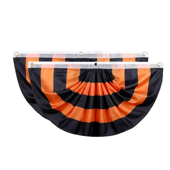 Coollooc 2 Pcs Flag Bunting Black Orange Halloween Bunting Half Fan Hanging Pleated Flag Banner 70.8x35.4in with 3 Grommets for Halloween Indoor Outdoor House Holiday Yard Decorations Party