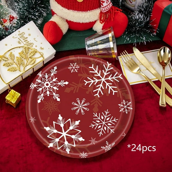 Coollooc 24Pcs Christmas Holly Plates Disposable Paper Christmas Poinsettia Flower Bell Party Decorations Supplies 7 Inch Oval Plate Platter Dish Tray, Xmas Holiday Tableware Dinnerware(B,24Pcs)