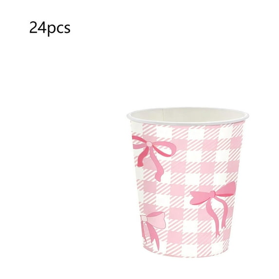 Coollooc 24Pcs Valentine's Day Themed Disposable Tableware Set, Pink Paper Cup Paper Plates and Paper Napkin Set With Bow Suitable for Valentines Day Party Supplies(D)