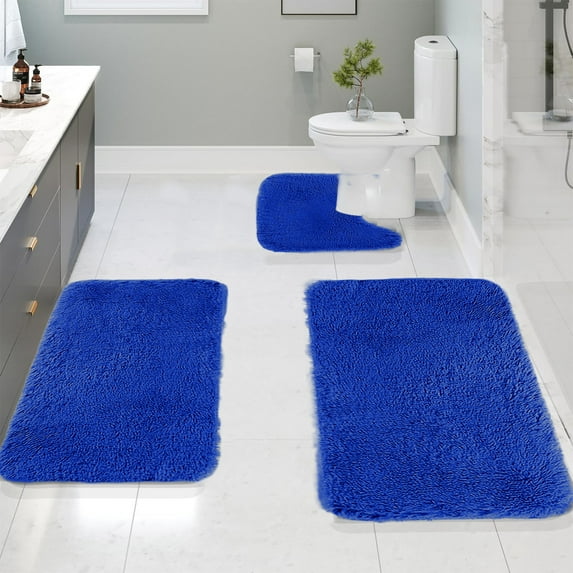 Coollooc 3 Piece Bathroom Rug Sets, Toilet Lid Cover and Contour Mat, Bath Mats Shower Mats Bath Rug Mat, Super Soft Microfiber Water Absorbent and Non-Slip Rugs(F,Blue)