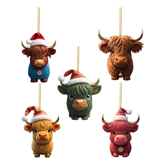 Coollooc 5PCS Christmas Hat Cow Gifts for Women Christmas Ornaments, Birthday Gifts for Mom, Dad, Family, Farmhouse Brown Cow Decor, Highland Cow Gift - Christmas Tree Decoration Ceramic Ornaments