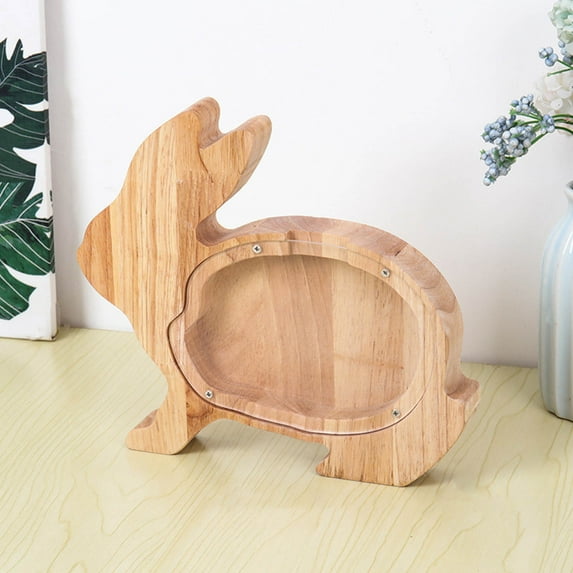Coollooc Animal Wooden Piggy Bank, Unbreakable Bills and Coins Cash Box, Creative Saving Money Jar Personalized Present for Birthday & Decor(Rabbit)