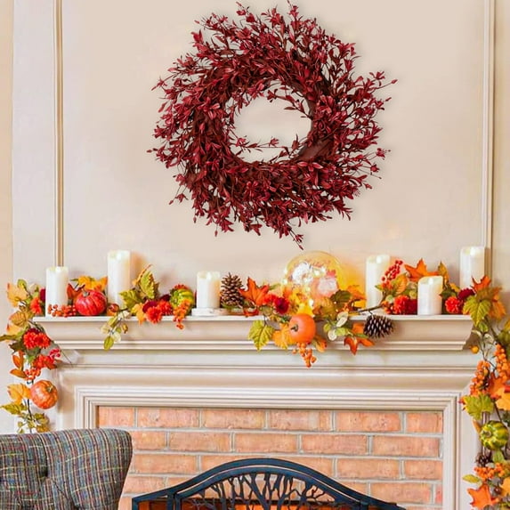 Coollooc Artificial Fall Wreath Autumn Wreaths for Front Door Orange Forsythia Wreath with Berries Fall Foliage for Indoor Outdoor Thanksgiving Day Harvest Festival Home Party Holiday(Red)