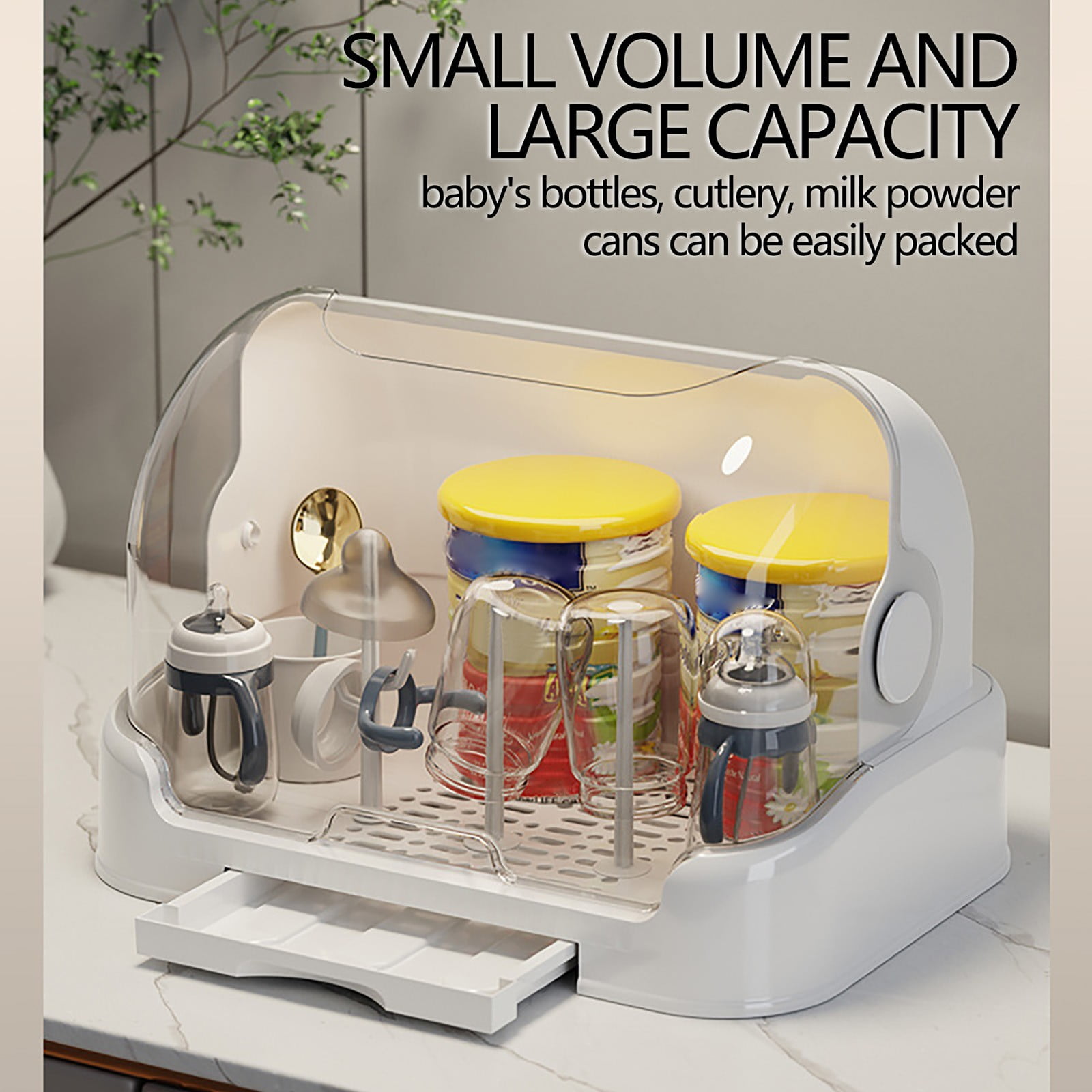 Coollooc Baby Bottle Storage, Large Bottle Drying Rack with Cover ＆ Removable Drain Tray, Dustproof Baby Bottle Organizer Portable Baby Bottle Rack Dryer for Bottle Accessories