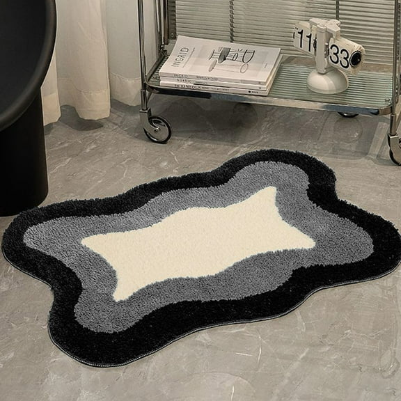 Coollooc Bath Mats for Bathroom Non Slip, 16x24 inch Gradient Irregular Shape Cute Bath Mat, Microfiber Washable Absorbent Carpet Floor Mats for Bathroom Indoor Door Mat Sink Tub Shower(Black)