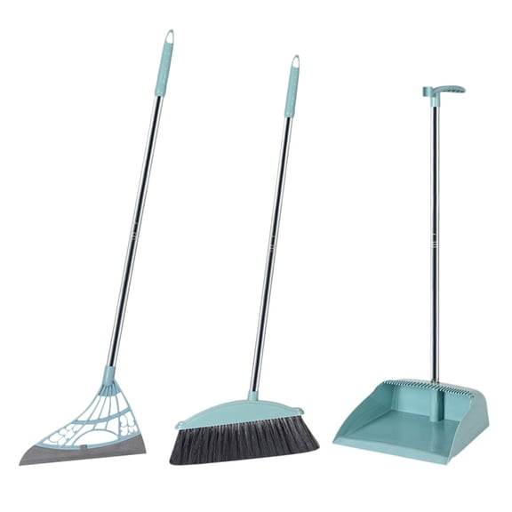 Coollooc Broom and Dustpan Set, Silicone Broom,Long Handle Broom with Upright Standing Dustpan, Squeegee - Broom for Indoor Cleaning 2+1,for Indoor Outdoor,Smooth Floors, Rugs (Green-Grey)