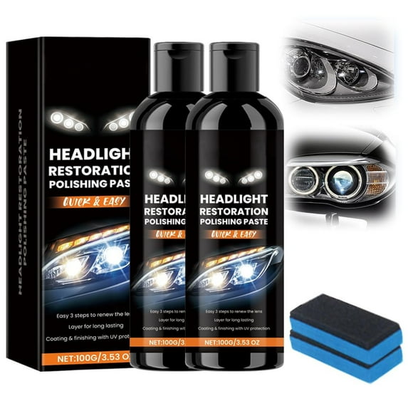 Coollooc Car Headlights Restoration Kit, Headlight Stain Remover Polishing Paste, Repair with Scratch Removal, Headlight Polish Cleaner for Lights Long-Lasting Clarity, Gift Sponge Eraser(2PCS)