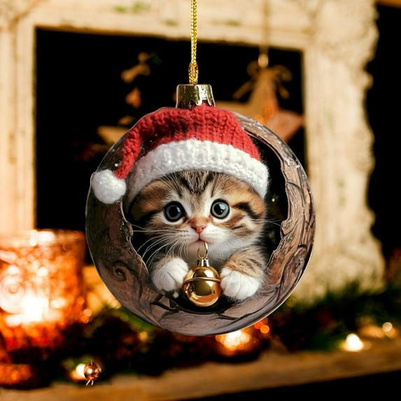 Coollooc Cat Christmas Tree Ornaments, A Kitten in The Tree Hole 2D Acrylic Hanging Ornament, Cats with Santa Hat Cute Pet Lover Christmas Decorations Gifts, Holiday Winter Home Decor(B,1Pcs)