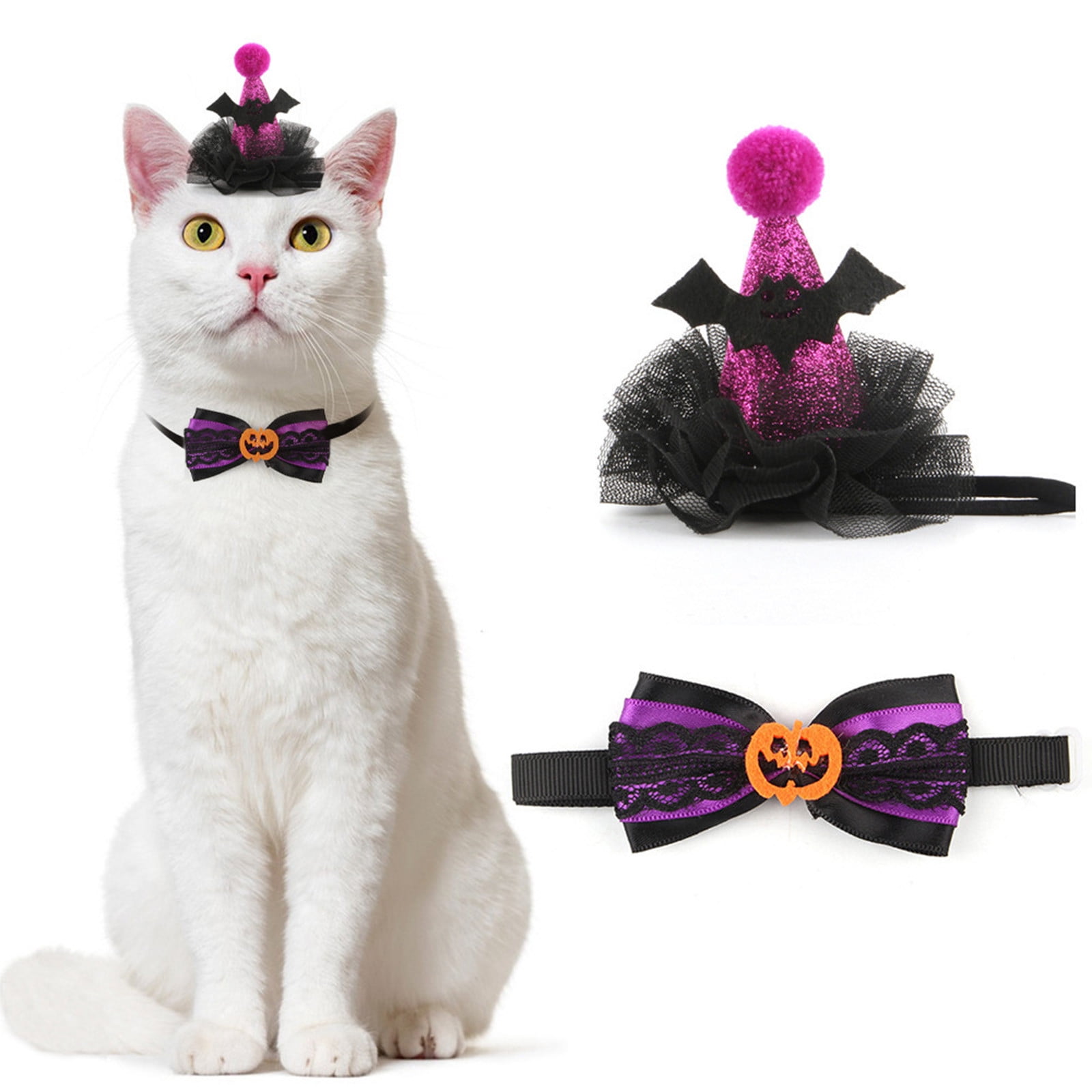 Halloween Cat Collar With Bow & Bell - 2 Pack Breakaway Safety Collars For Kittens (Spider & Skull)