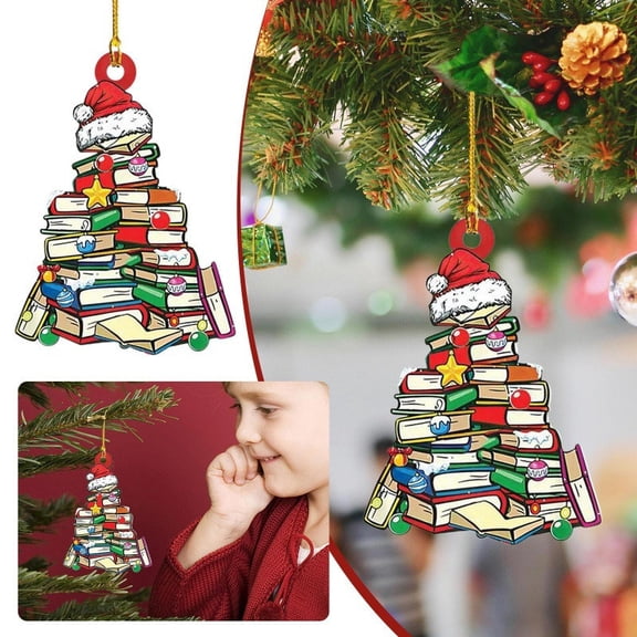 Coollooc Christmas Book-Tree Ornament, Books Ornament Acrylic Suncatcher,Stained Acrylic Window Hanging, Gifts for Readers, Librarians, Bookworms, Xmas Decor