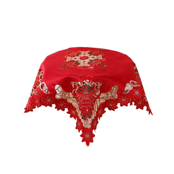 Coollooc Christmas Poinsettia Tablecloth Topper 33" Holiday Embroidered Tablecloth Xmas Red Square Tablecloth with Gold Cutwork Flower for Christmas Winter Table Coffee Table Cover Decorations
