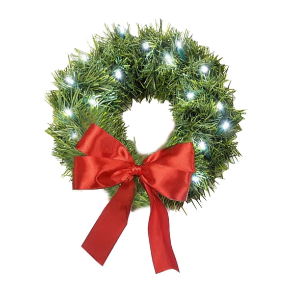 Coollooc Christmas Wreath LED Lights Christmas Car Decor Artificial Car Wreath with Red Bow Battery Operated Wreaths for Front Grill with Cable Ties for Trucks